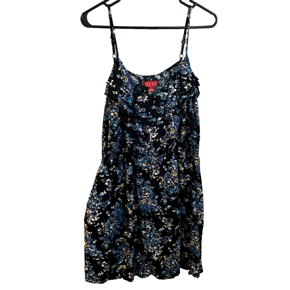 ELLE Floral Print Casual Summer Dress Spaghetti Strap Multi Color Ruffled Neck L